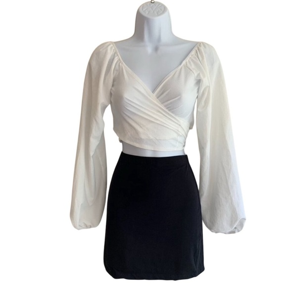 Women’s Blouse Top Cropped Wrap Tie up Off the shoulders Long Sleeve White Sz S - Picture 2 of 12